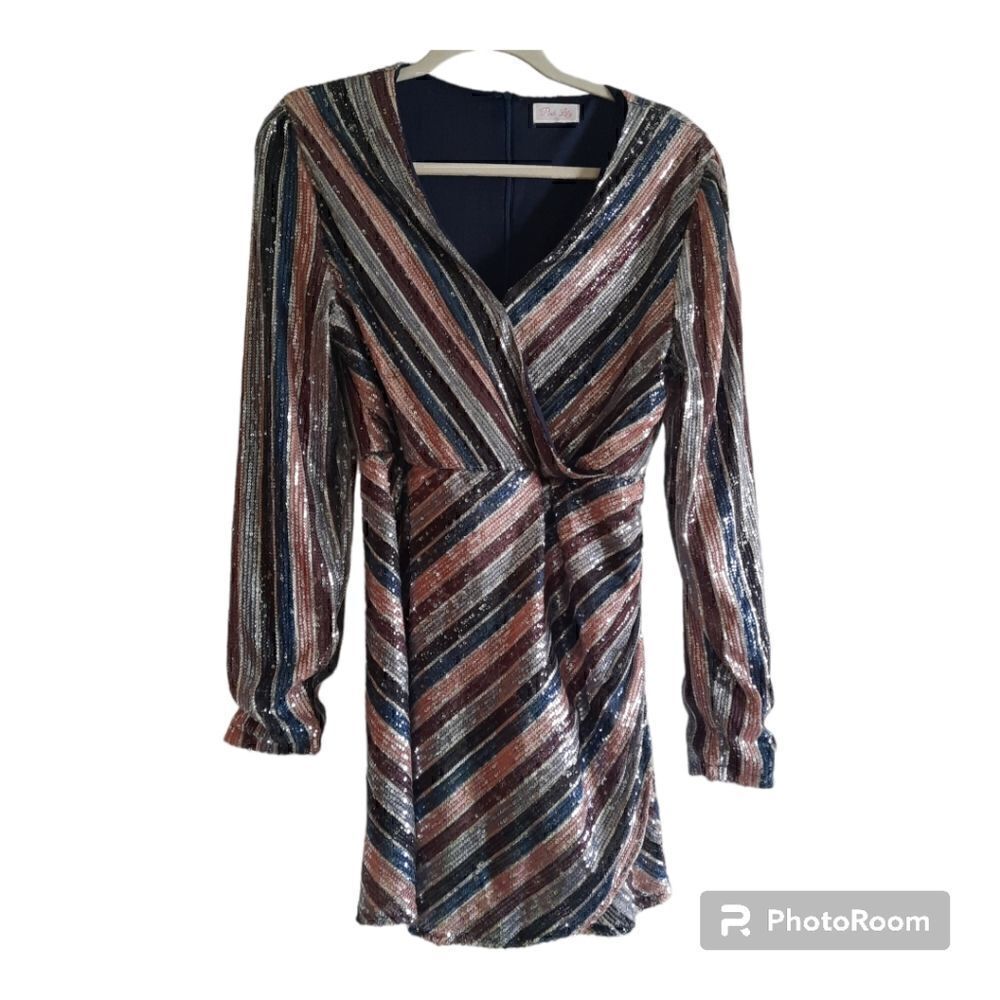 Pink Lily Multi Sequin Faux Wrap Long Sleeve Mini Cocktail Party Dress